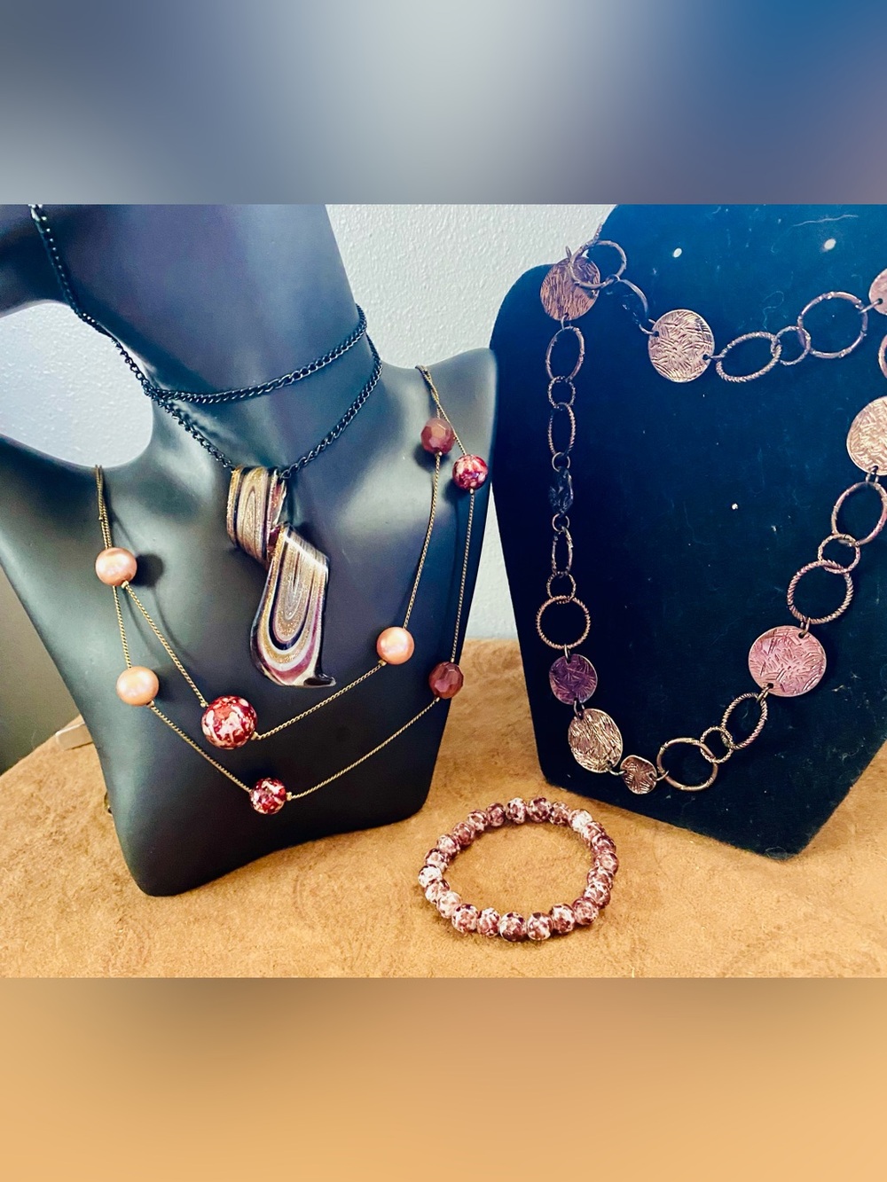 Elegant Glass Ribbon Pendant, Copper Disc Necklace, Burgundy & Warm Metallic